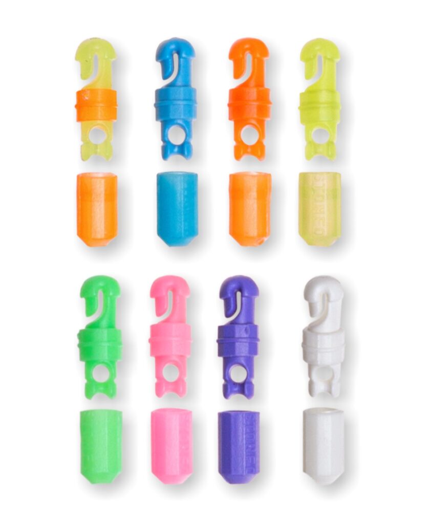 Dispositivo per l'aggancio rapido della lenza all'elastico.

Adatto per elastici Ø 1 mm max.

Colori: bicolore - blu - arancio - giallo - verde - rosa - viola - bianco.

Blister da 1 pezzo, confezione da 20 blister.

 