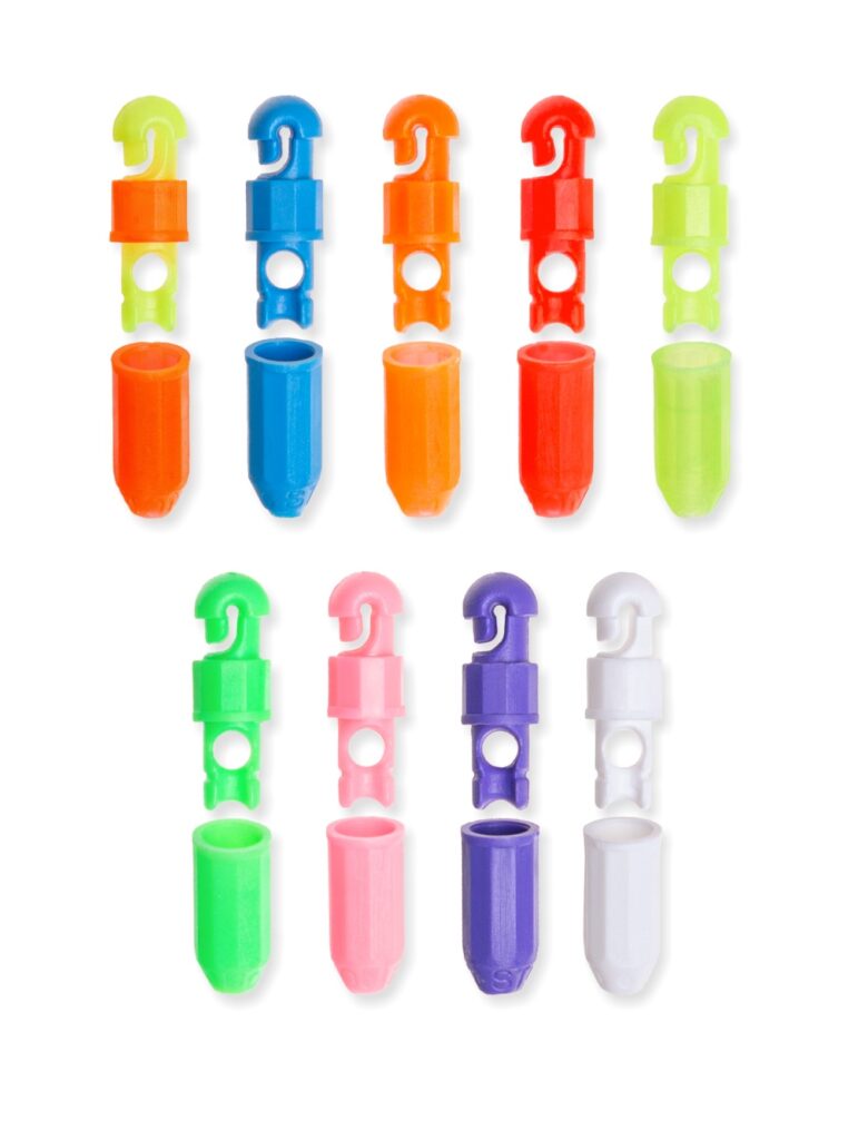 Dispositivo per l'aggancio rapido della lenza all'elastico.

Adatto per elastici Ø 2,5 mm max.

Colori: bicolore - blu - arancio - rosso - giallo - verde - rosa - viola - bianco.

Blister da 1 pezzo, confezione da 20 blister.