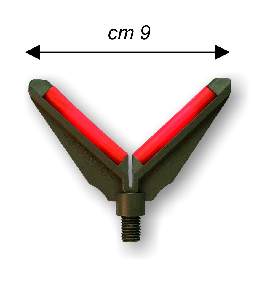 Appoggiacanna in materiale plastico resistentissimo con inserti in gomma morbida per non danneggiare la canna.

1 per bag, pack size 10 bags.