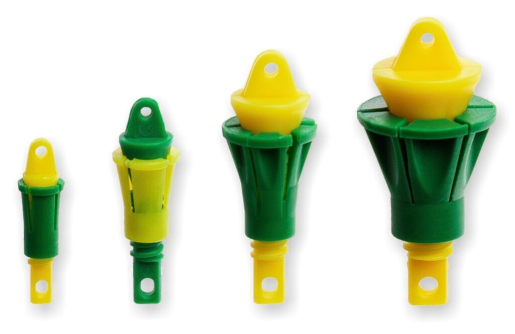 Prodotta in 4 misure per una completa adattabilità ai vari diametri di canne, consente di regolare la tensione dell'elastico.

Misura 1 : da mm 3,4 a mm 5,0

Misura 2 : da mm 5,0 a mm 7,5

Misura 3: da mm 7,2 a mm 11,5

Misura 4: da mm 11,5 a mm 17,0