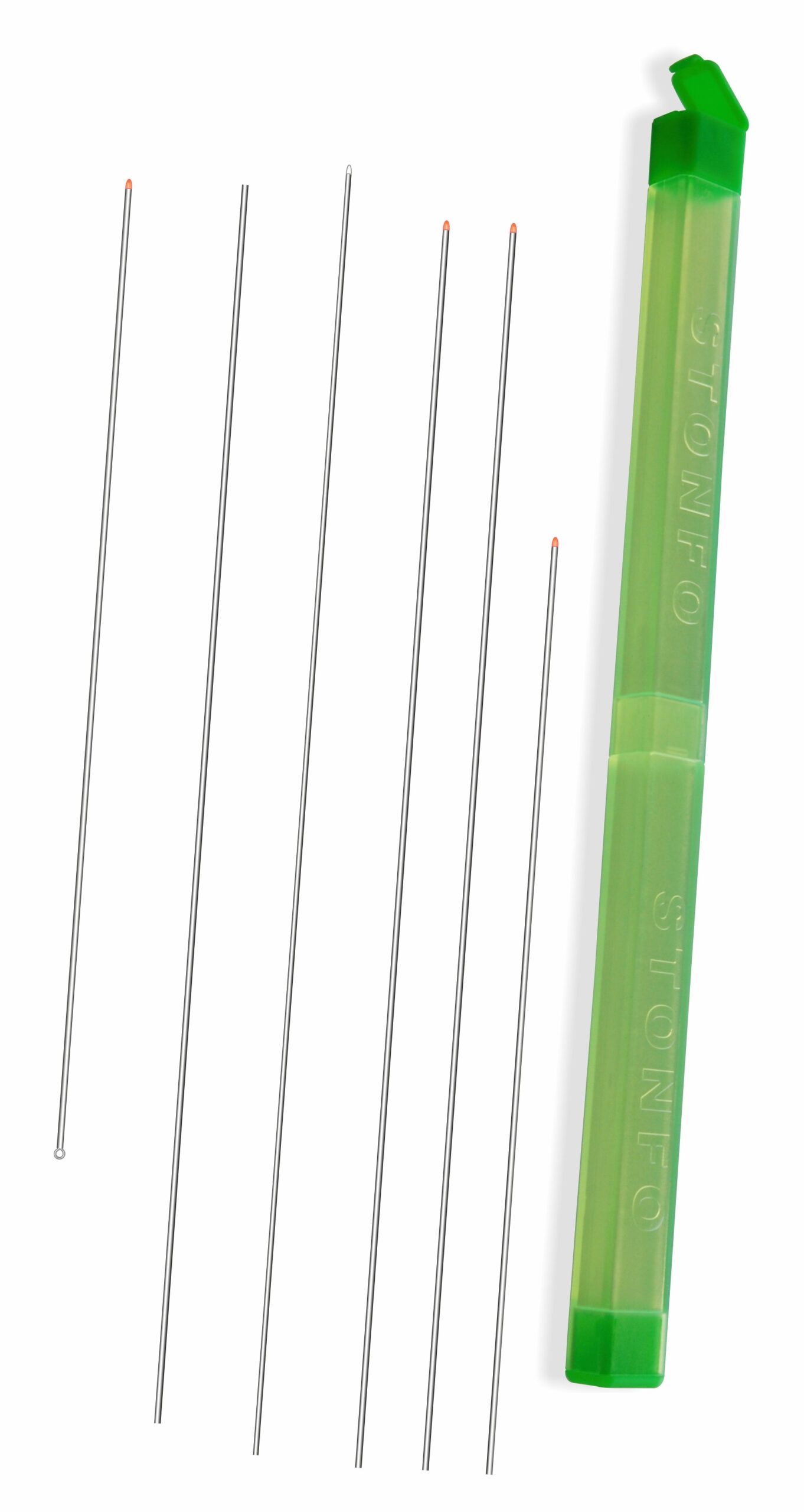 Kit di 6 aghi di tipo diverso forniti in una pratica scatolina in materiale anti-urto con chiusura a scatto.
Il kit comprende:
- 1 ago Testa Rossa cm 15
- 2 aghi Testa Rossa cm 20
- 1 ago Testa Bianca cm 20
- 1 ago Tubolare Senza Punta cm 20
- 1 ago Bibi Testa Rossa cm 15.
Scatola da 6 pezzi, confezione da 5 scatole.