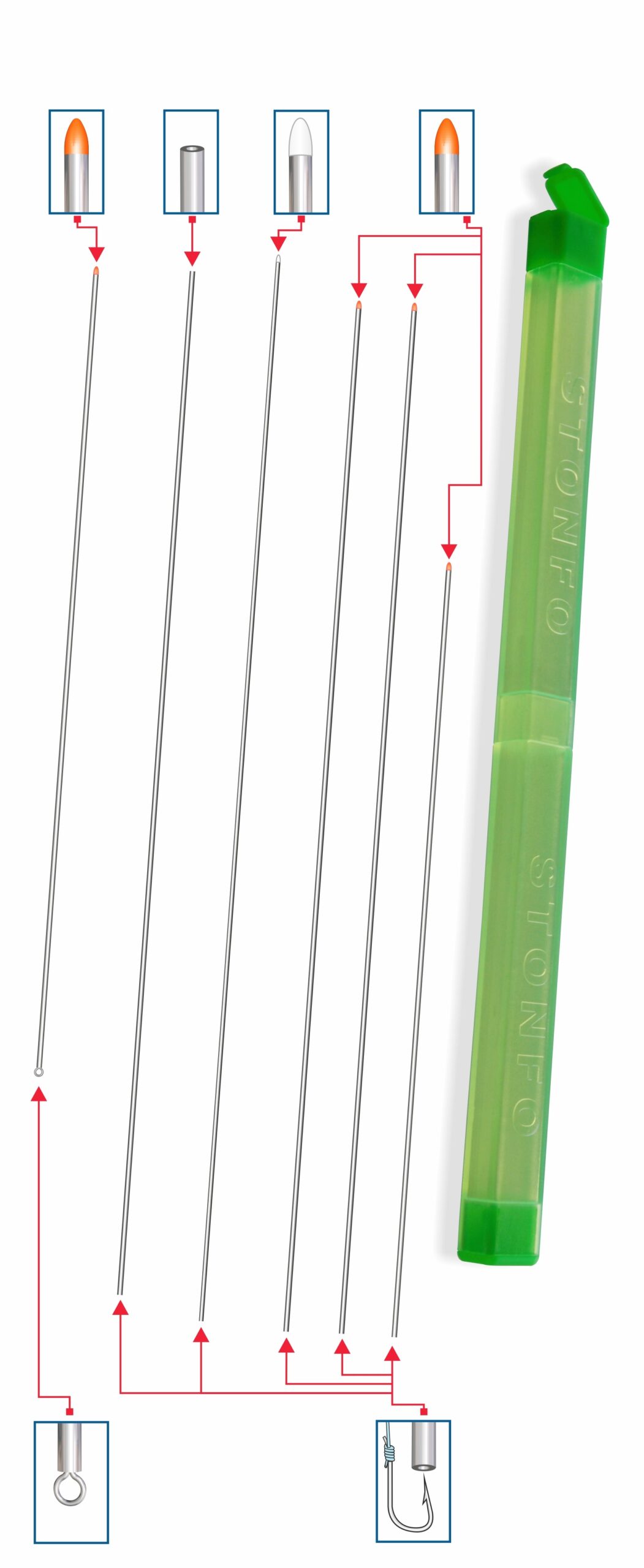 Kit di 6 aghi di tipo diverso forniti in una pratica scatolina in materiale anti-urto con chiusura a scatto.
Il kit comprende:
- 1 ago Testa Rossa cm 15
- 2 aghi Testa Rossa cm 20
- 1 ago Testa Bianca cm 20
- 1 ago Tubolare Senza Punta cm 20
- 1 ago Bibi Testa Rossa cm 15.
Scatola da 6 pezzi, confezione da 5 scatole.