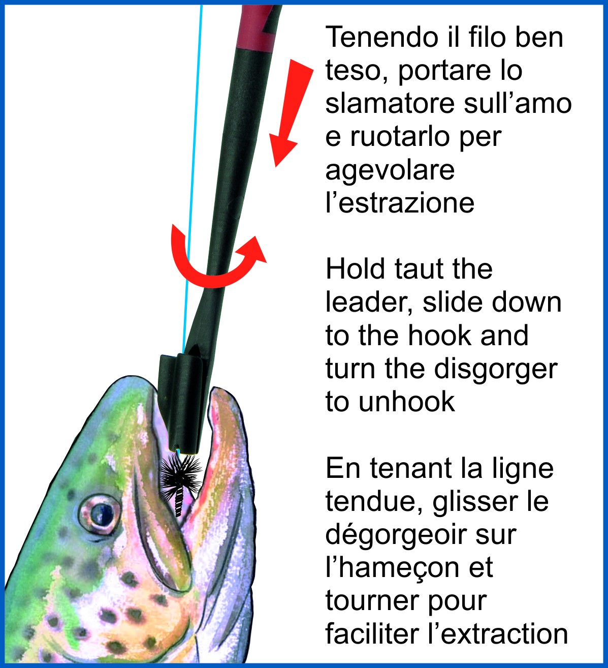 Slamatore di alta qualità con testina sagomata tubolare, studiato per una rapida estrazione dell’amo senza danneggiare la mosca ed il pesce. Prodotto con materiale molto resistente e con impugnatura anatomica in gomma. Ottimo per ogni tipo di pesca è indispensabile quando si pratica il catch and release. Munito di foro per l'aggancio al gilet.
Misura 1: per ami da 28 a 16
Misura 2: per ami da 16 a 8
Misura 3: per ami da 8 in su
Busta da 1 pezzo, confezione da 10 buste.