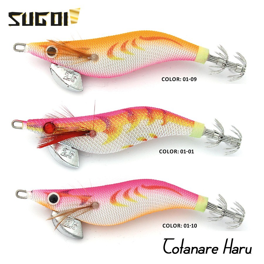 Precisione e bilanciamento per le totanare Sugoi Haru, specifiche per la pesca a lancio da riva, sviluppate sulla base della tradizione giapponese “Egi”. Progettate per la cattura di totani, seppie e cefalopodi in genere. Esche artificiali realizzate in materiali naturali ad alta resistenza ricoperti di tessuto, dotate di zavorra anti-incaglio e dell’anellino ovale, ideali per affrontare una miriade di circostanze.